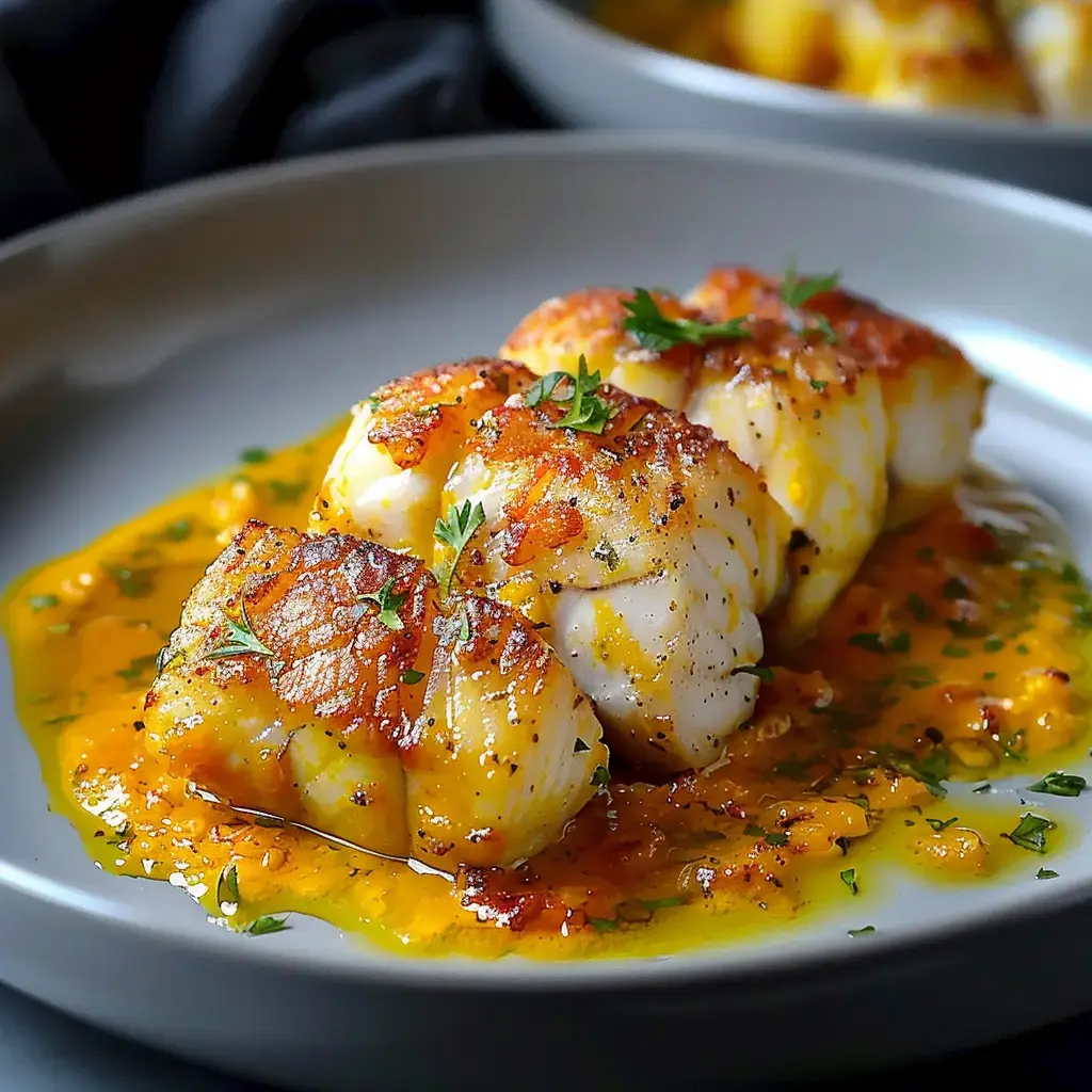 Un plat de poisson poêlé doré, nappé d'une sauce colorée et garni de petites herbes, servi dans une assiette grise.