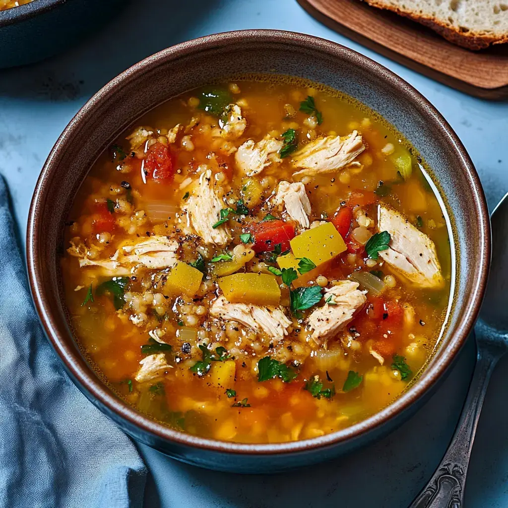 Un bol de soupe colorée avec du poulet effiloché, des légumes variés et des herbes fraîches.