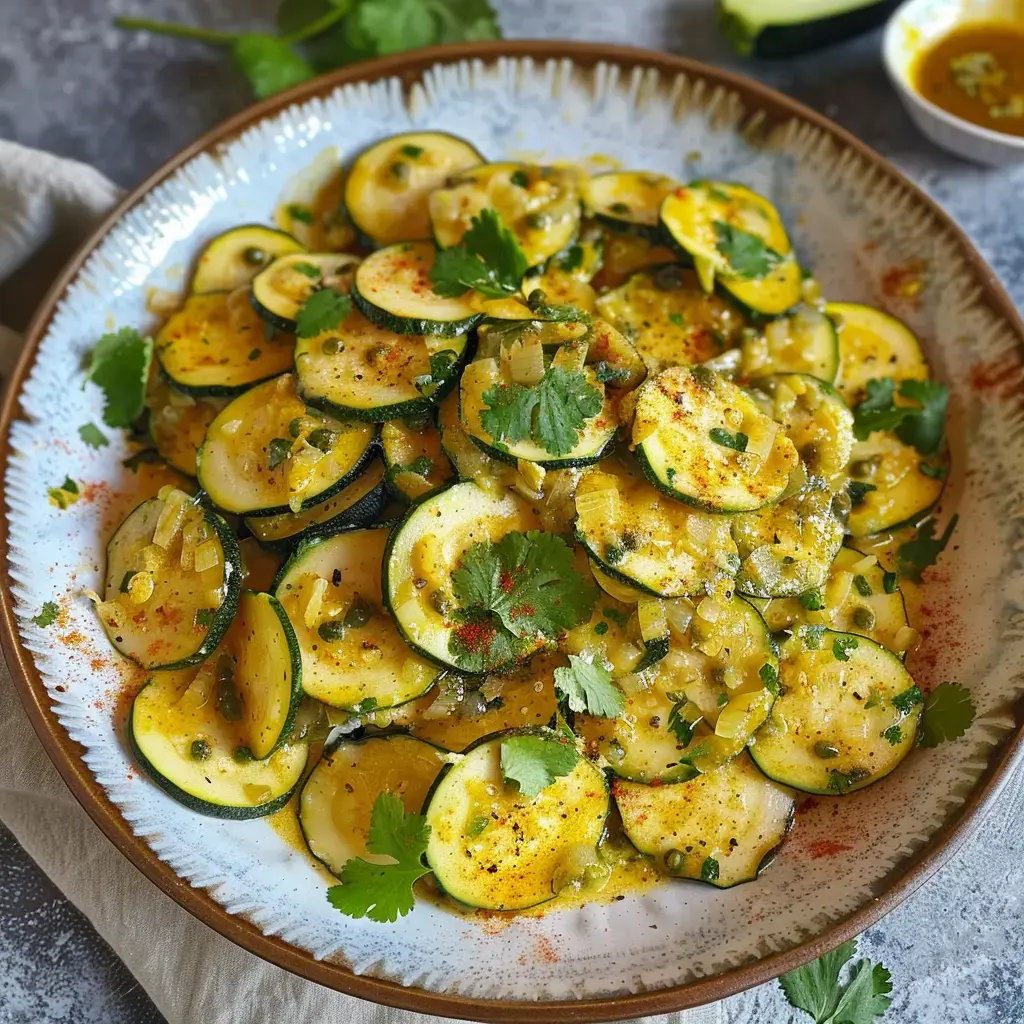 Plat de courgettes tranchées assaisonnées avec des herbes fraîches et des épices, présentées dans un grand bol.