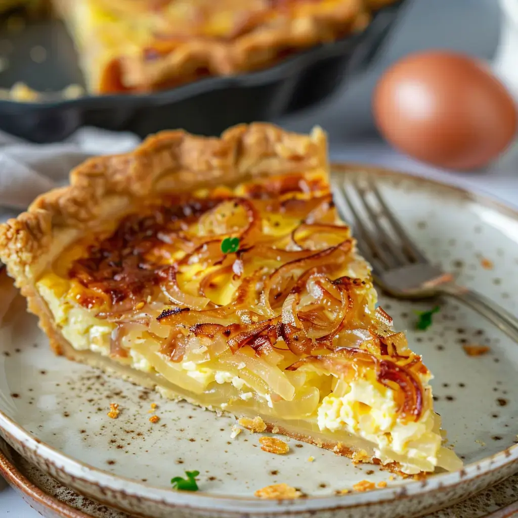 Une part de tarte crémeuse aux oignons caramélisés est placée sur une assiette avec une fourchette et un œuf en arrière-plan.