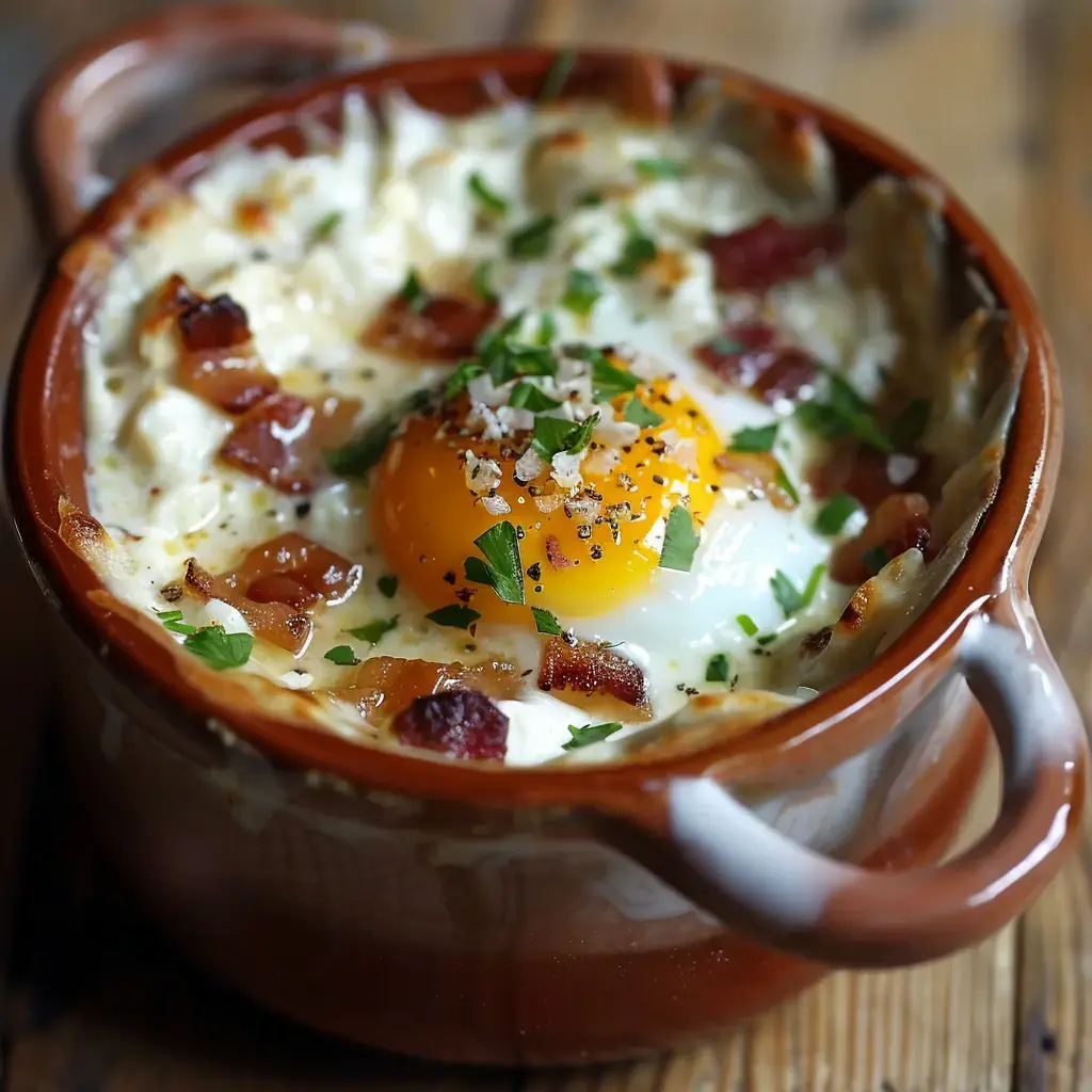 Un plat en terre cuite contenant un œuf au centre, entouré de crème, de morceaux de bacon et de persil.