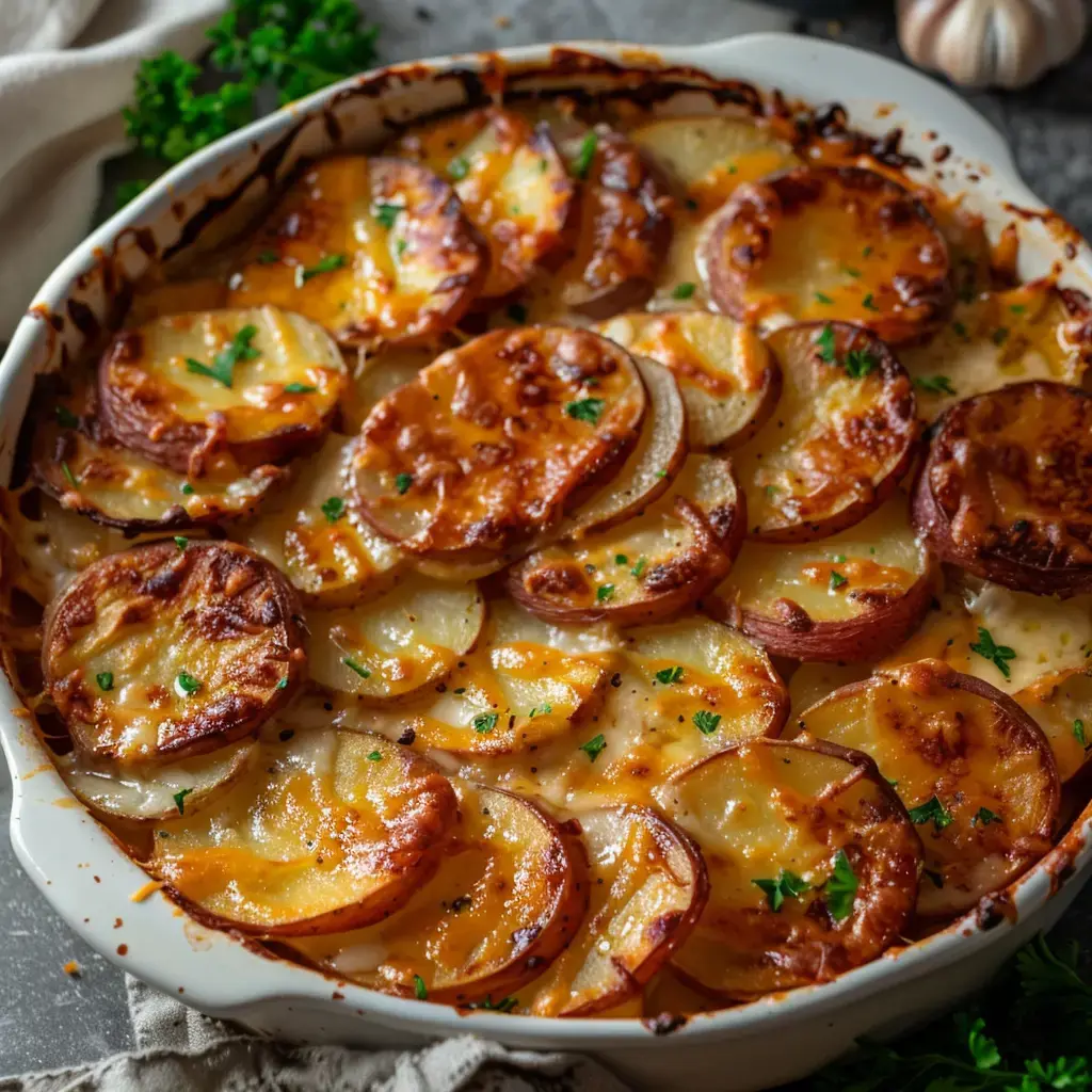 Un plat de gratin de pommes de terre dorées et garnies de fromage, décoré de persil frais.