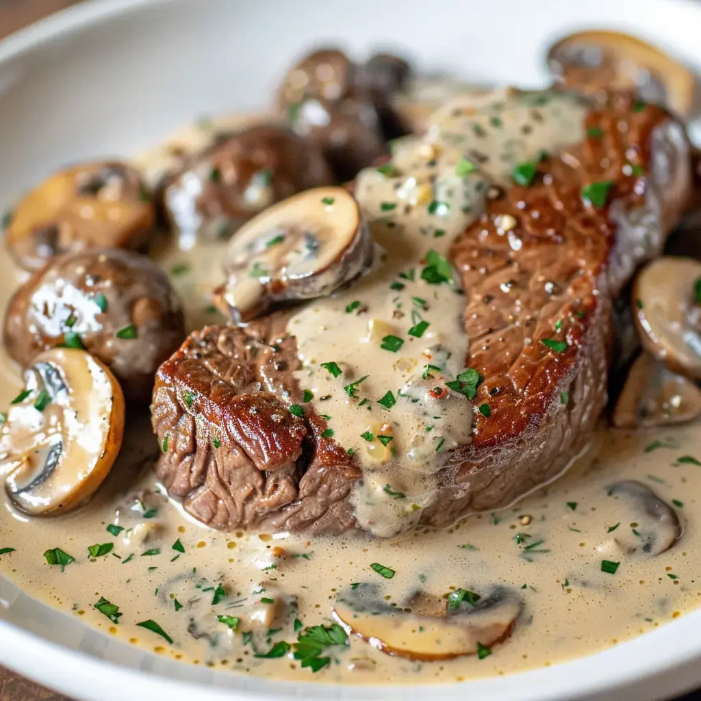 Un morceau de viande de boeuf nappé de sauce crémeuse aux champignons, garni de persil.