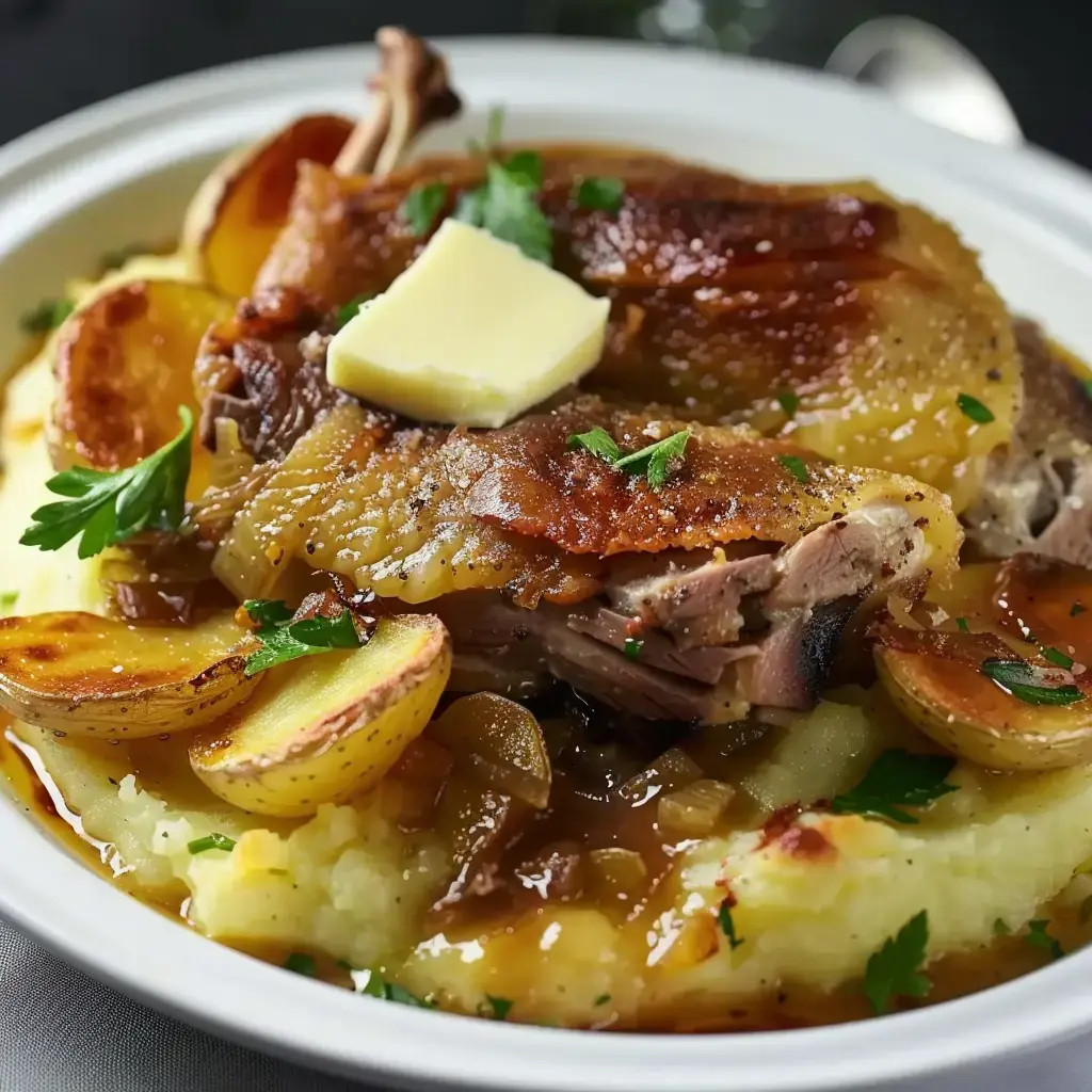 Un plat de viandes braisées accompagné de purée de pommes de terre, de pommes rôties et d'une noisette de beurre.