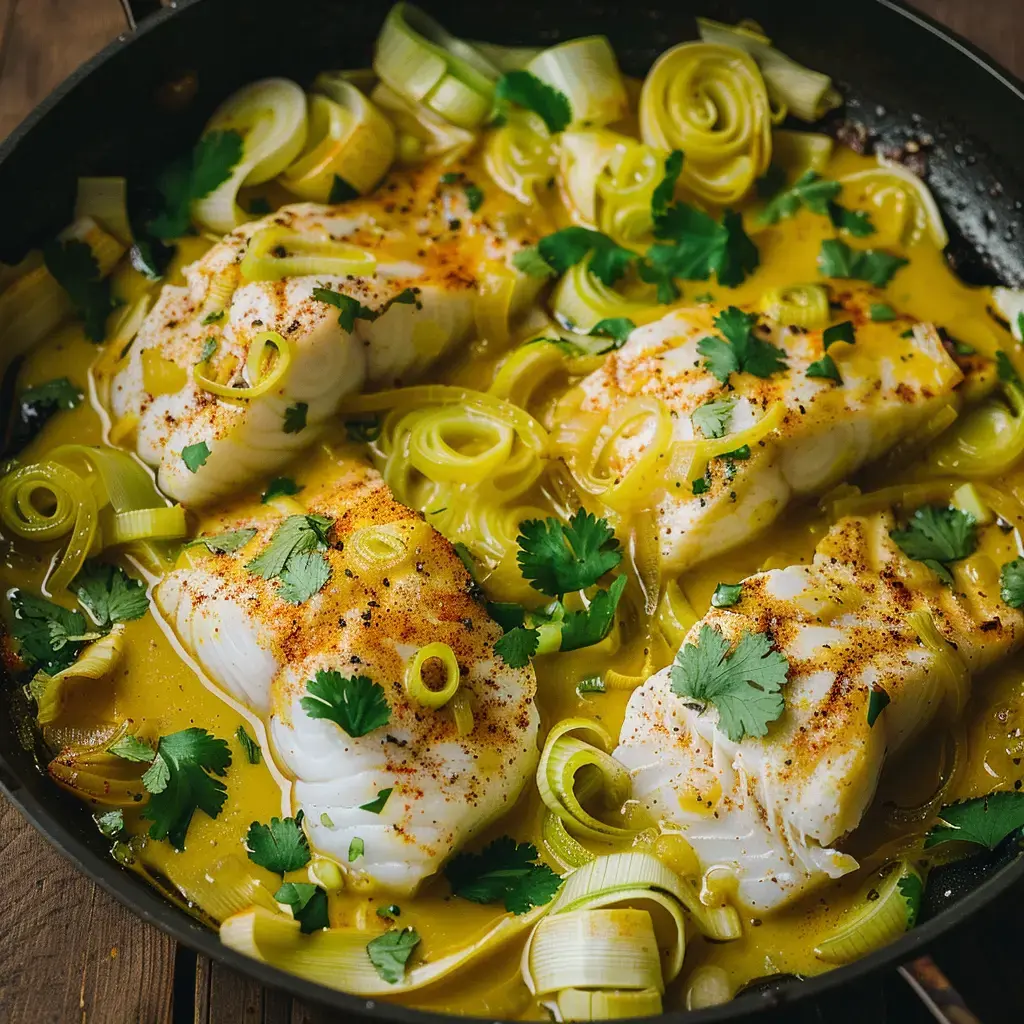 Filets de poisson cuisinés avec des poireaux et garnis de coriandre dans une sauce jaune épicée.