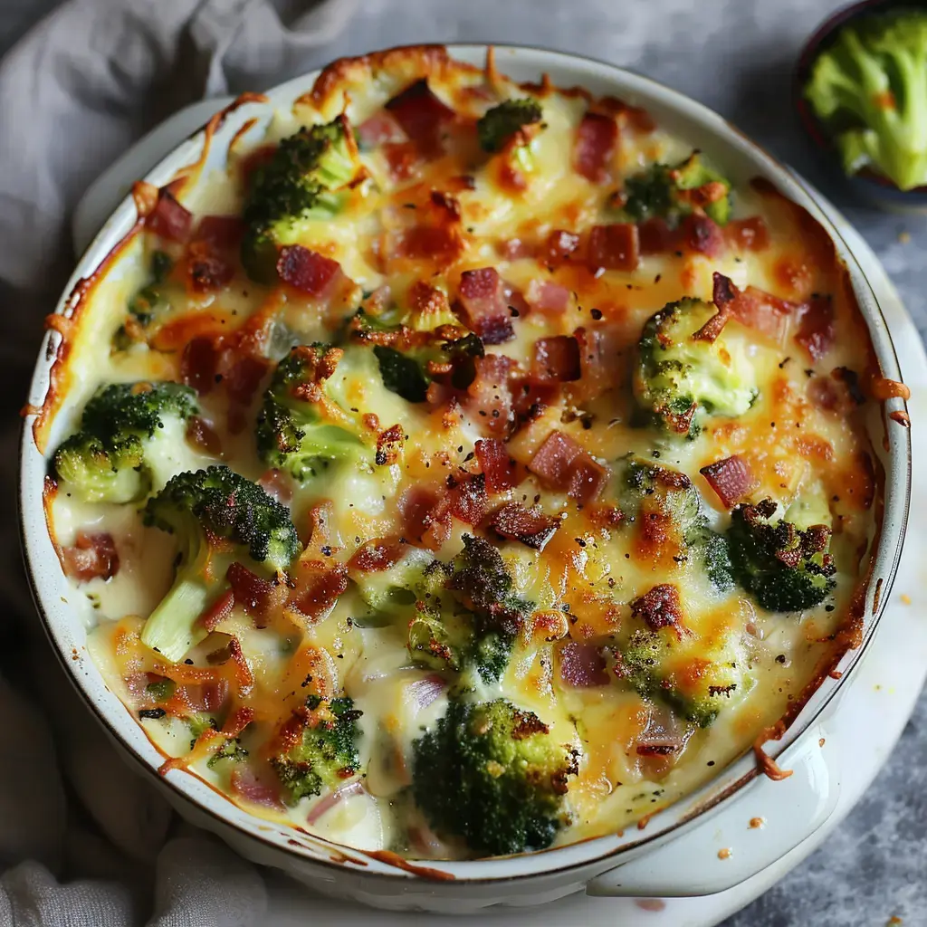 Un plat de brocoli gratiné au fromage et au bacon, doré et appétissant, servi dans un plat en céramique.