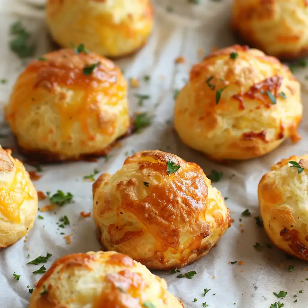 Des boulettes dorées au fromage sur du papier sulfurisé, accompagnées de quelques herbes fraîches.