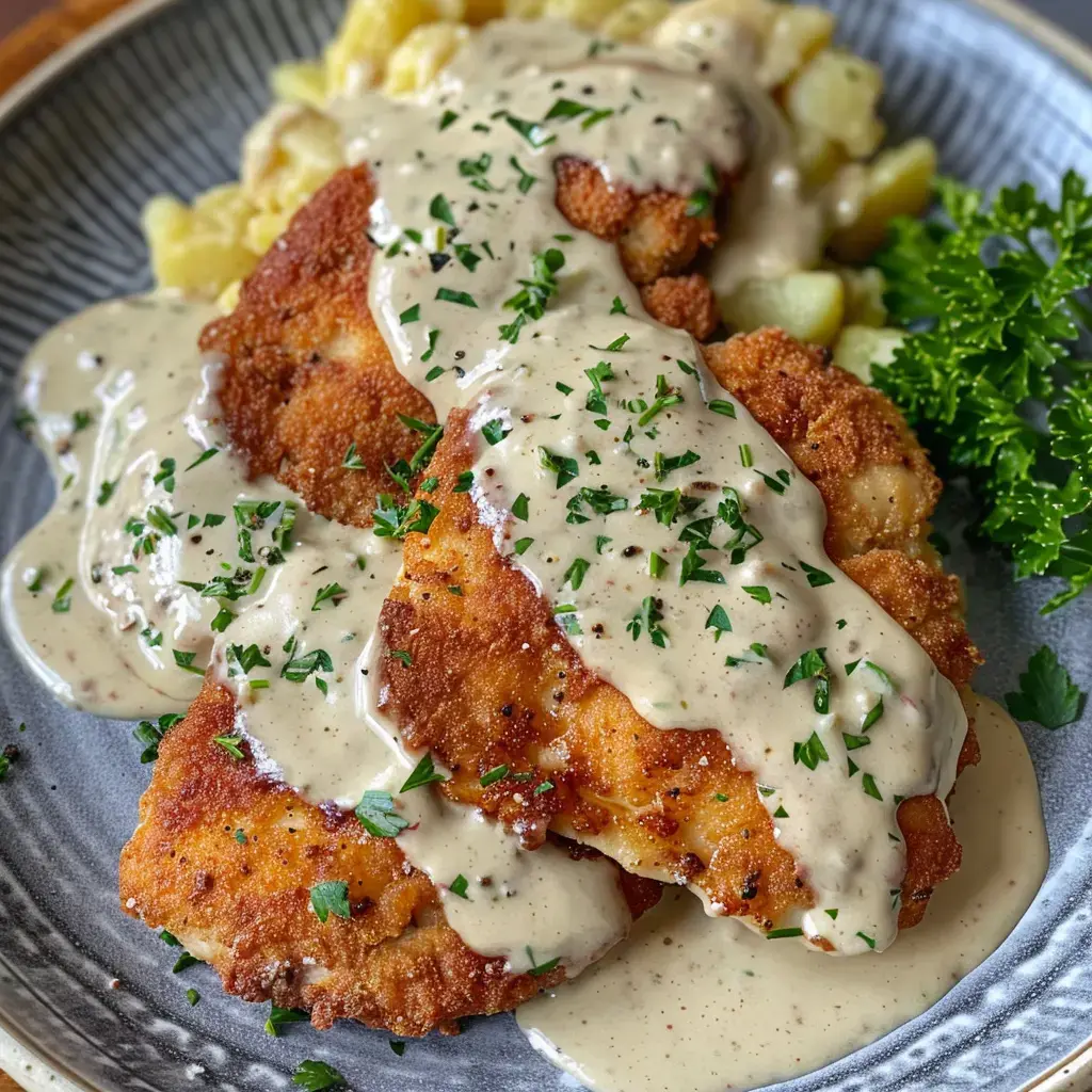 Un plat de poisson pané avec une sauce crémeuse, servi avec des pommes de terre et des herbes.