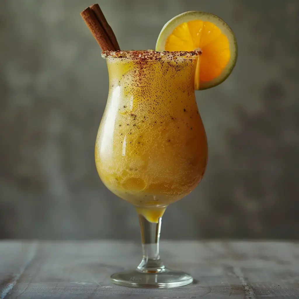 Un verre de cocktail fruité jaune, garni d'une tranche d'orange, d'une rondelle de citron vert et d'un bâton de cannelle.