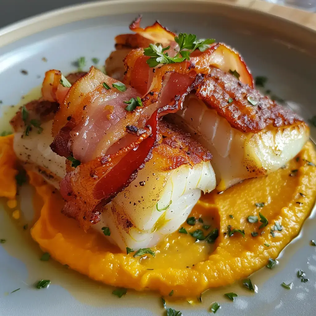 Un plat de filet de poisson garni de bacon croustillant, servi sur un lit de purée de carottes et décoré de persil.