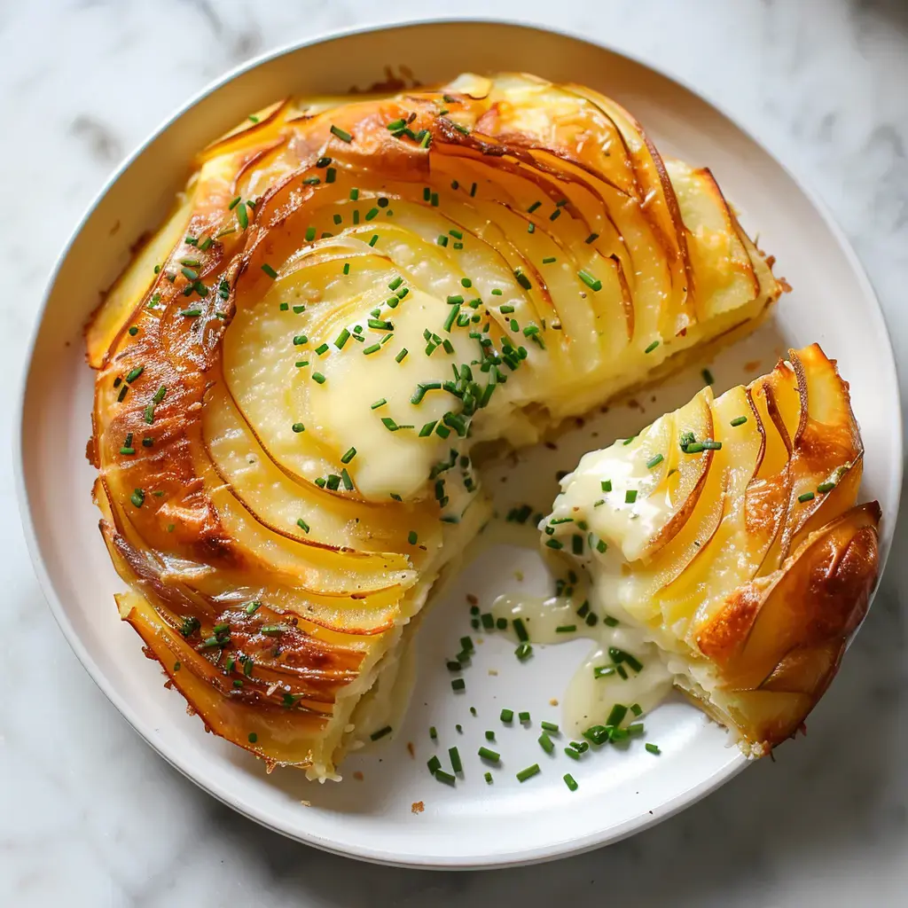 Une tarte aux pommes de terre bien dorée garnie de fromage et de ciboulette, avec une part découpée.