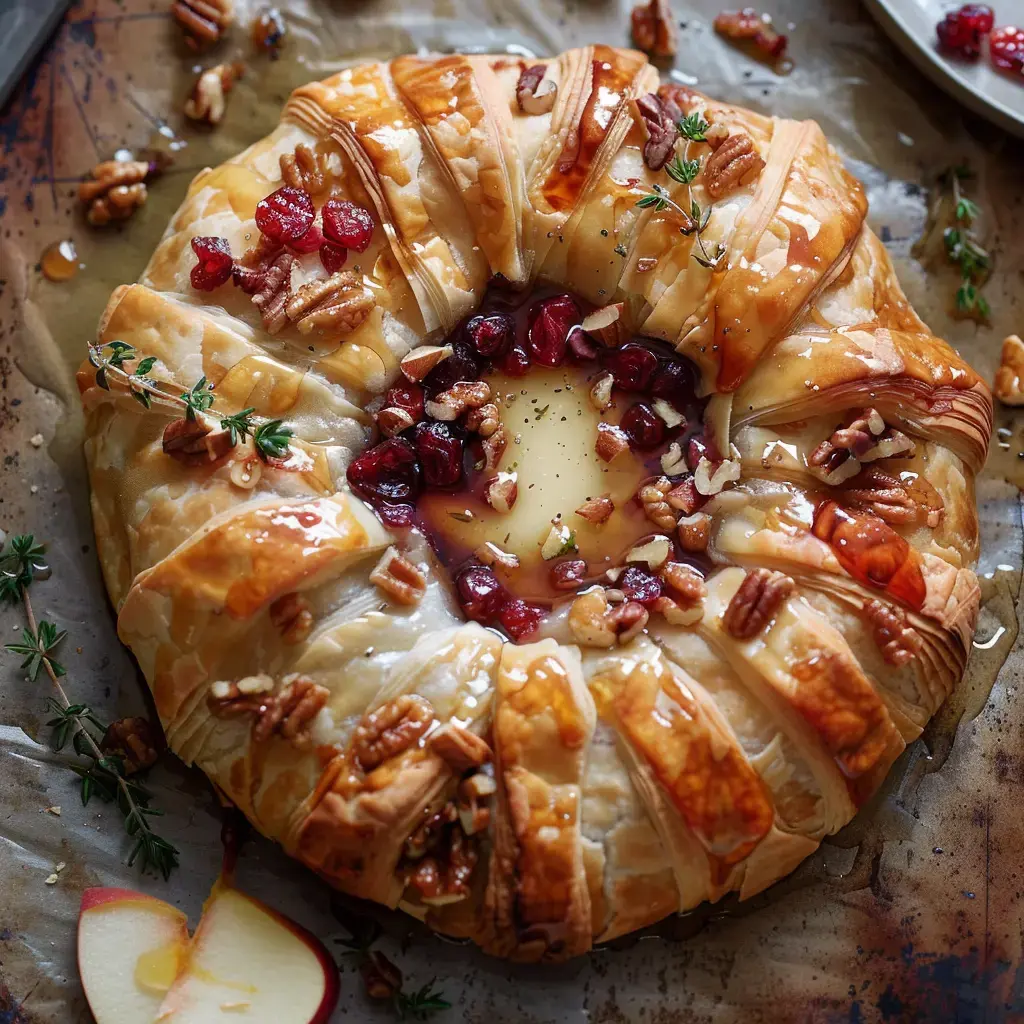 Une couronne de pâte feuilletée garnie de noix et de fruits rouges, avec une garniture crémeuse au centre.