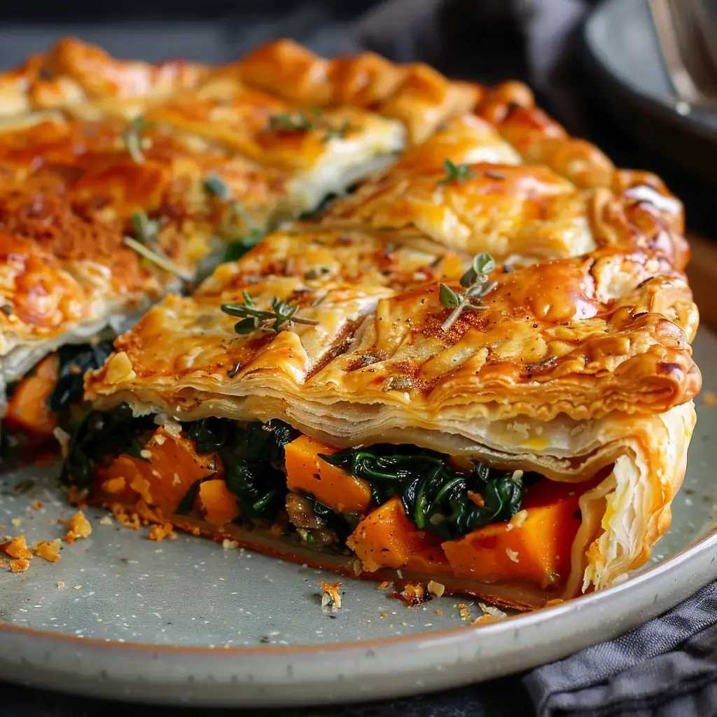 Tarte feuilletée garnie de courge et d'épinards, présentée sur une assiette.