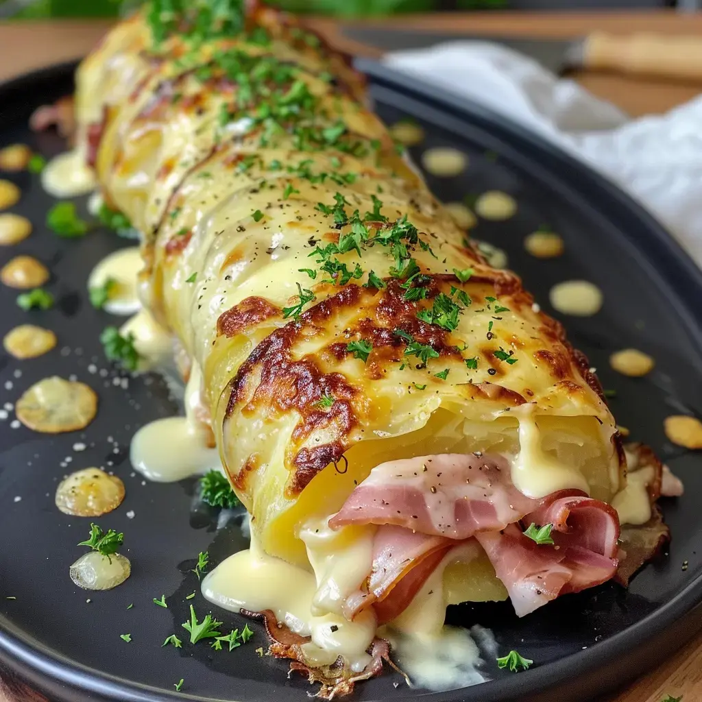 Un plat de pommes de terre roulées farcies de jambon, recouvertes de fromage fondu et garnies de persil frais.