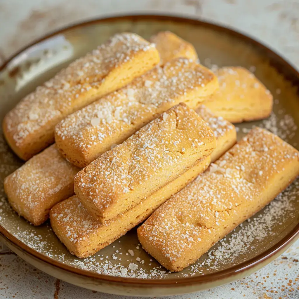 Des biscuits au beurre dorés, saupoudrés de sucre glace, présentés sur une assiette.