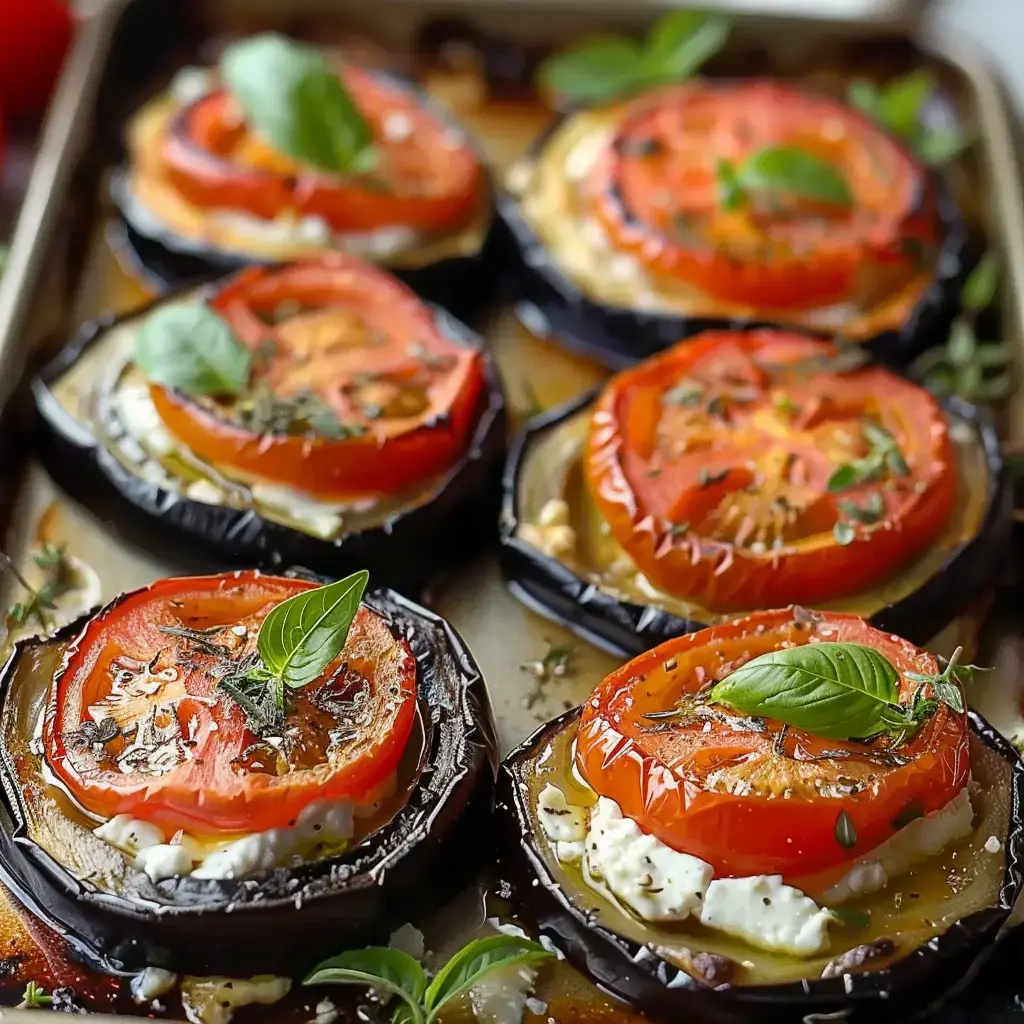 Des rondelles d’aubergine garnies de fromage et de tomates, assaisonnées d'herbes et de basilic frais, cuisent au four.