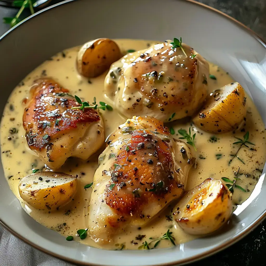 Un plat de poulet en sauce crémeuse avec des pommes de terre rôties et des herbes fraîches.