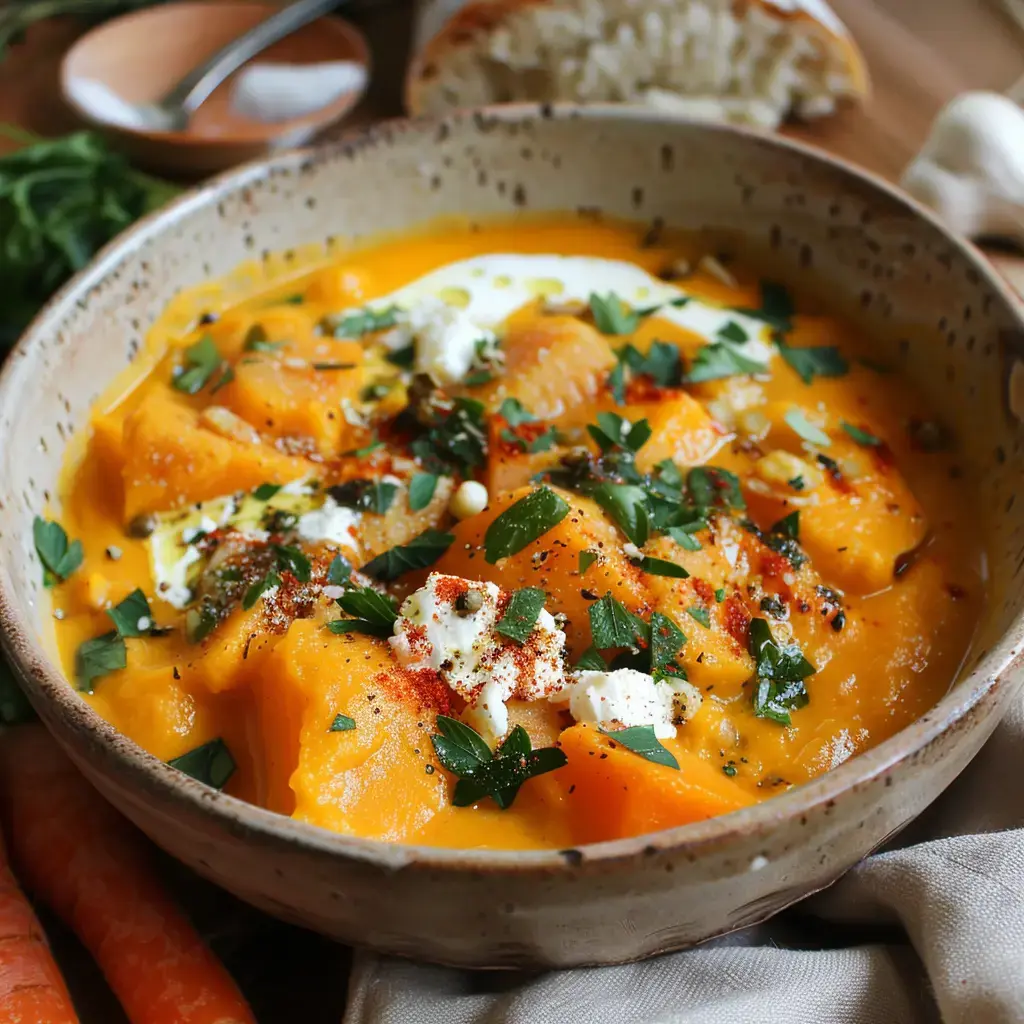 Un bol de soupe de potiron garnie de crème, de fromage frais et de persil, avec des morceaux de pain au fond.