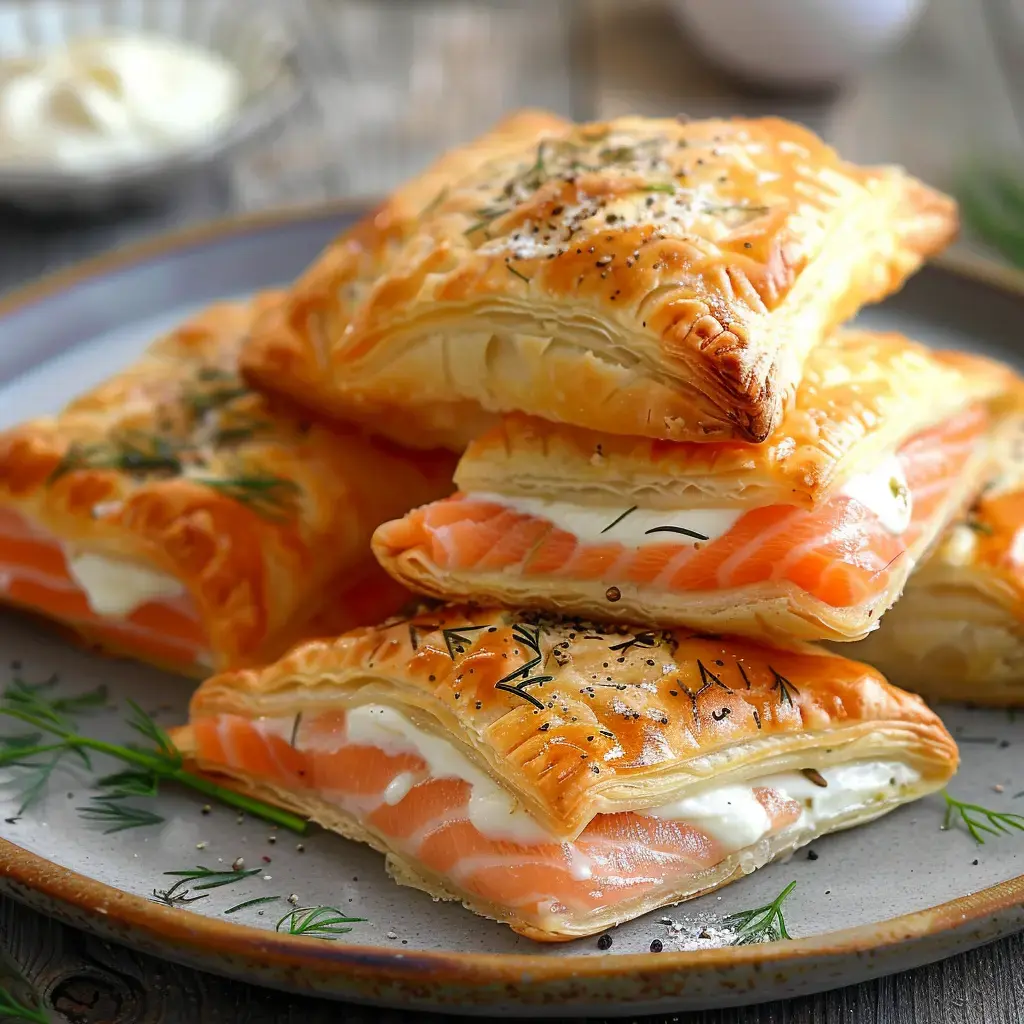 Des feuilletés garnis de saumon fumé et de crème, parsemés d'herbes sur une assiette.