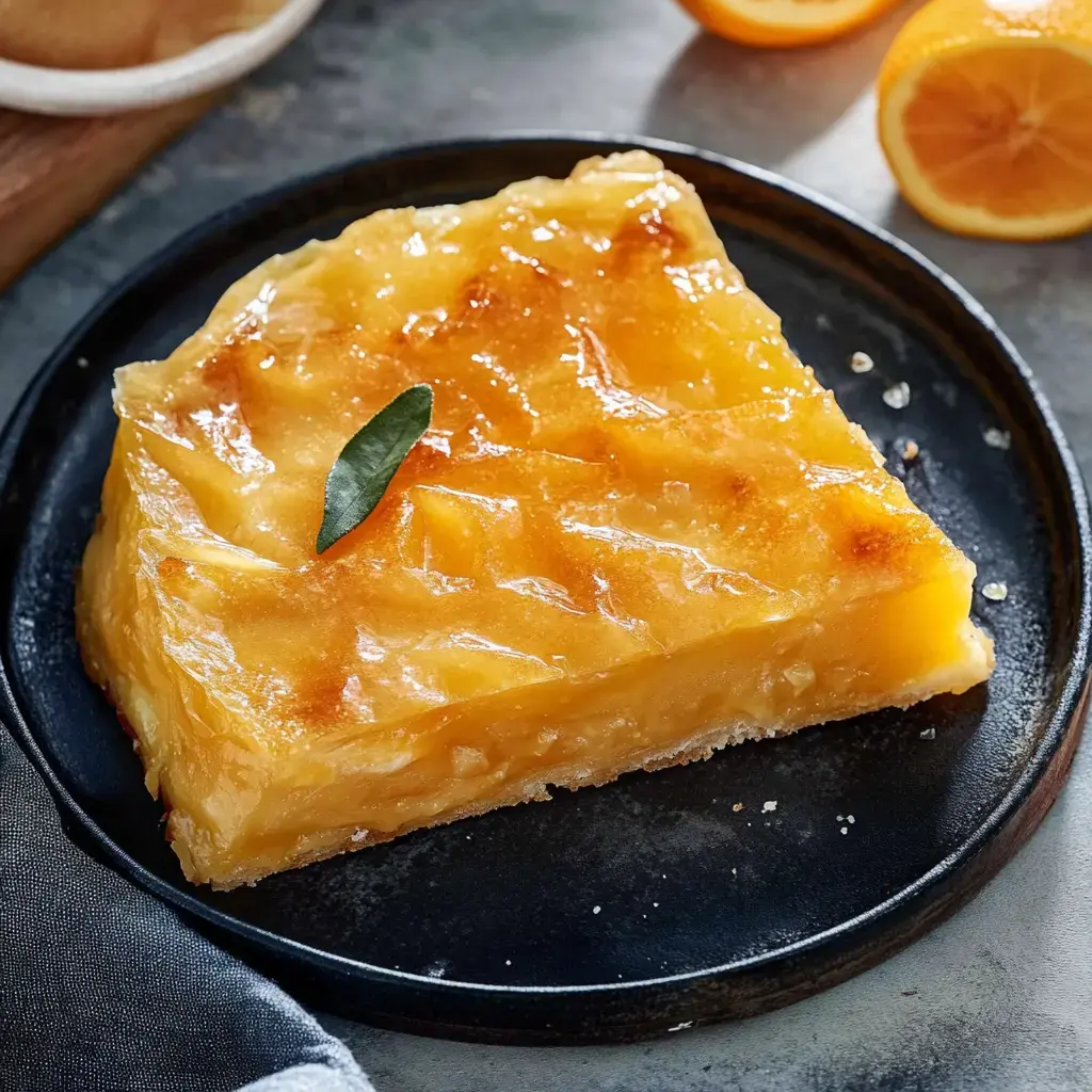 Une part de gâteau aux agrumes est présentée sur une assiette noire, garnie d'une feuille verte et accompagnée de tranches de citron.