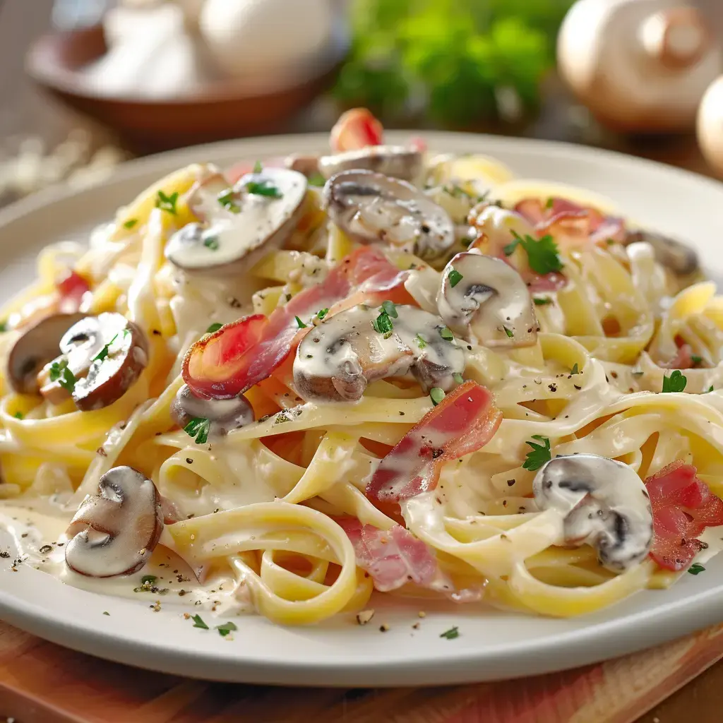 Pâtes crémeuses aux champignons, jambon et tomates, garnies de persil frais.