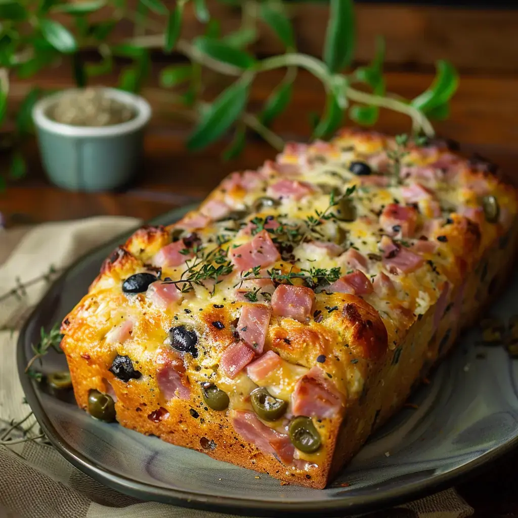 Un cake salé aux morceaux de jambon, olives et herbes, servi sur une assiette.