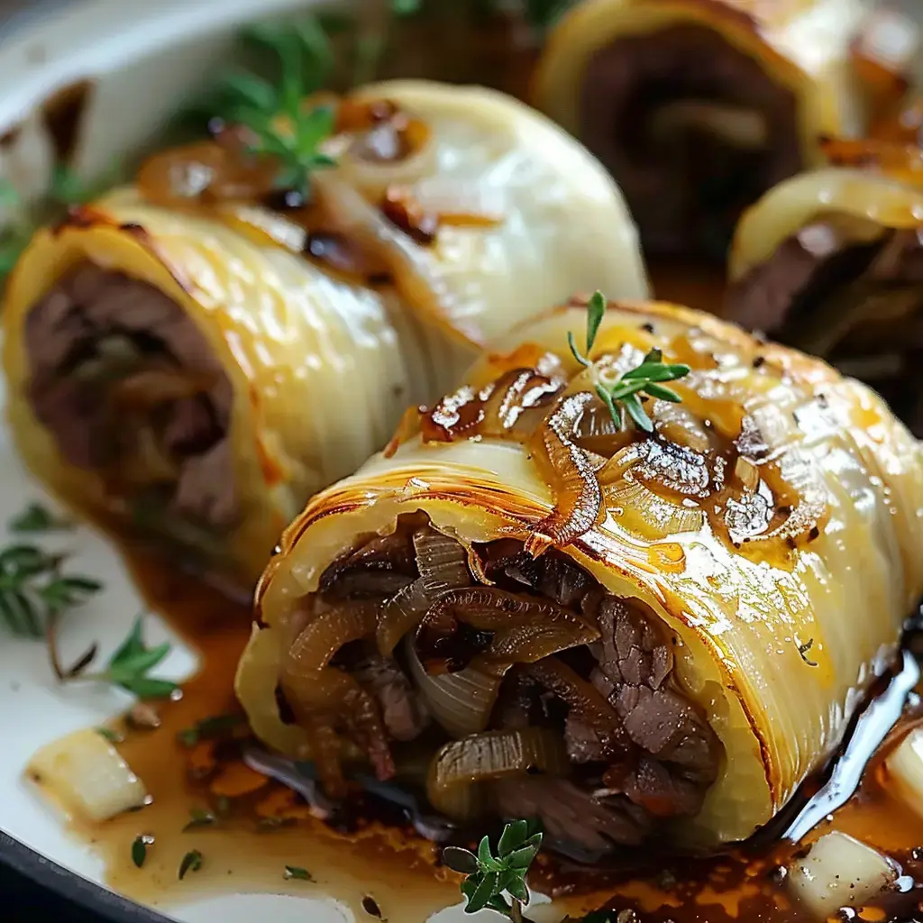 Des roulés de viande enveloppés de feuilles de chou, garnis d'oignons dorés et arrosés de sauce.