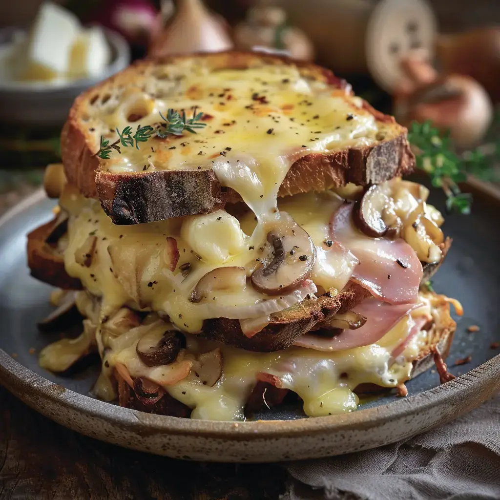 Un plat de pain grillé garni de fromage fondant, de jambon et de champignons, parsemmé d'herbes.