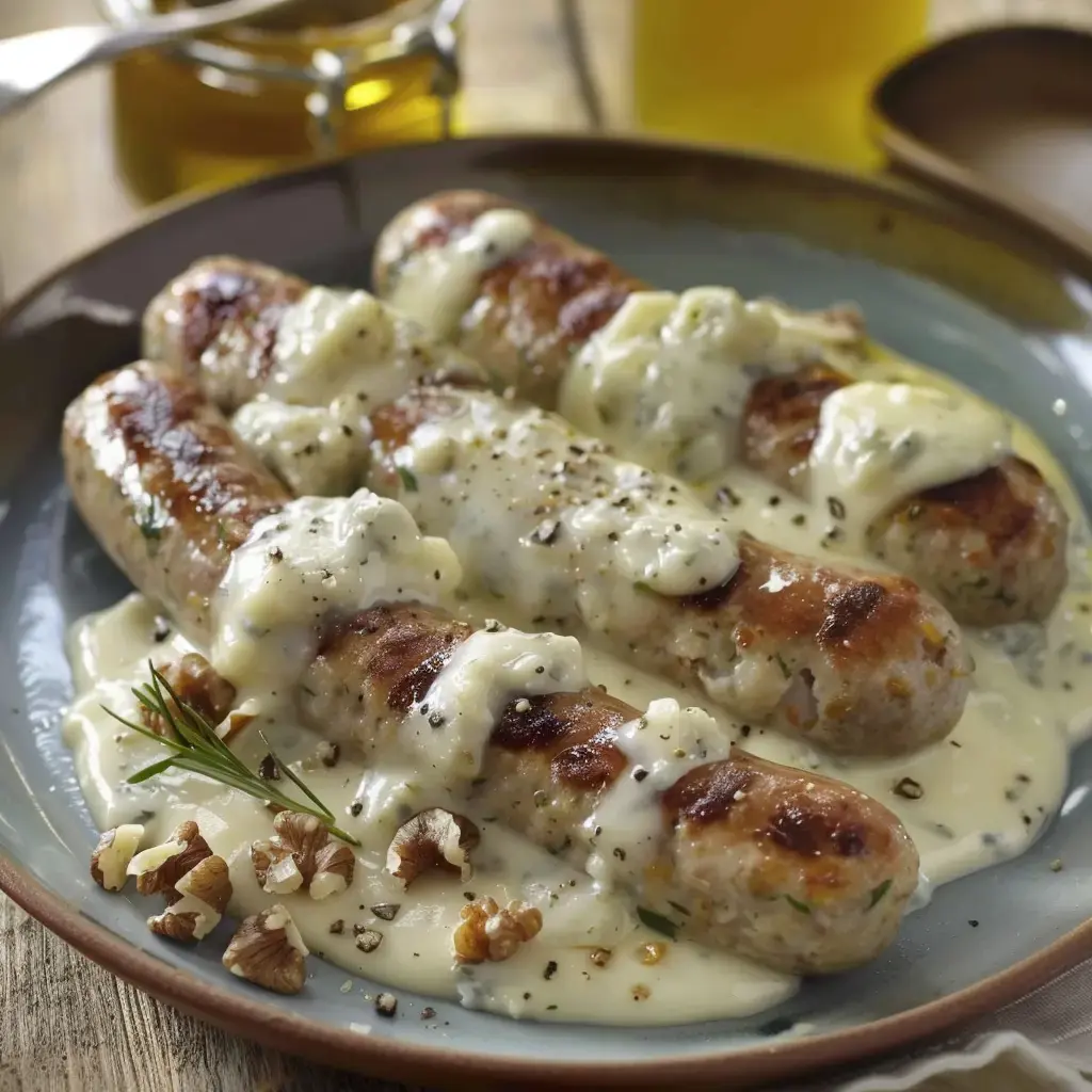 Assiette de saucisses grillées nappées d'une sauce crémeuse, accompagnées de noix hachées et d'herbes.