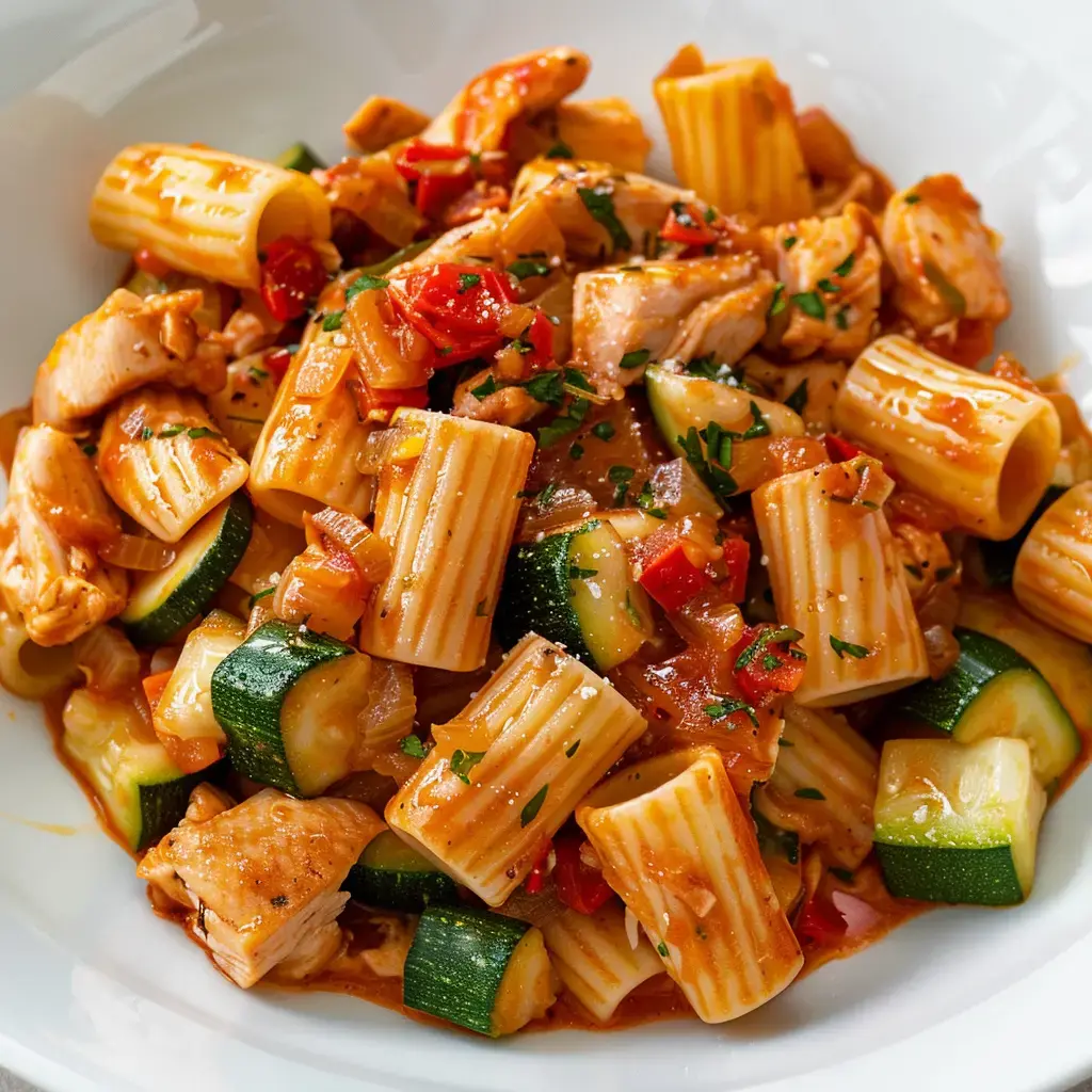 Un plat de pâtes rigatoni avec des morceaux de poulet, des courgettes et des poivrons dans une sauce crémeuse.