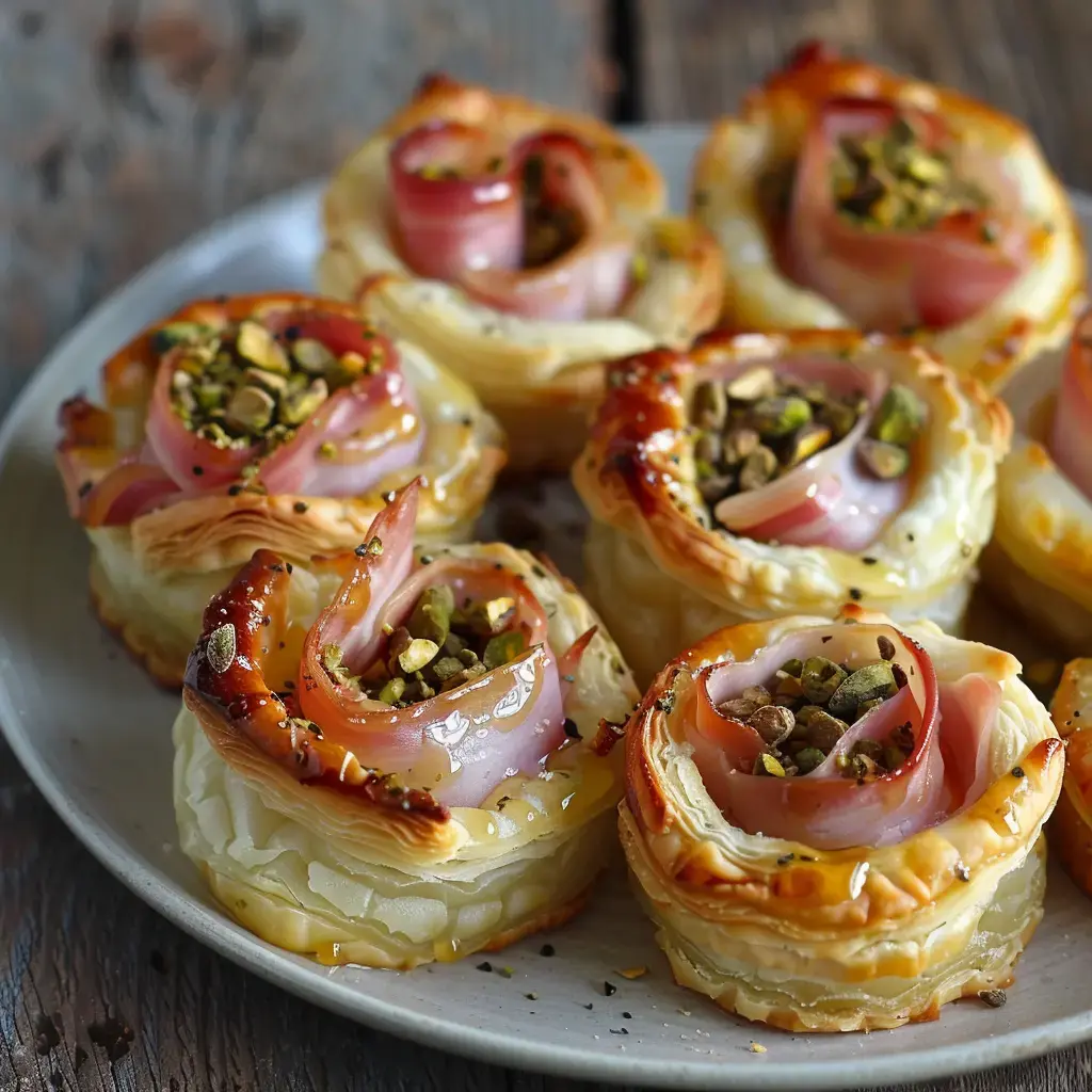 Des pâtisseries en forme de rose garnies de jambon et de pistaches sur une assiette.