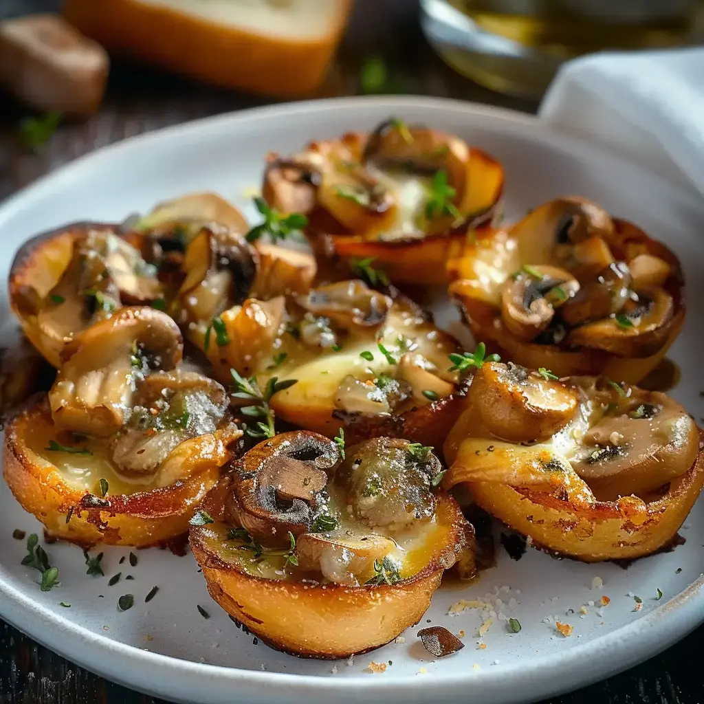 Des bouchées de pommes de terre garnies de champignons et de fromage, saupoudrées de thym frais.