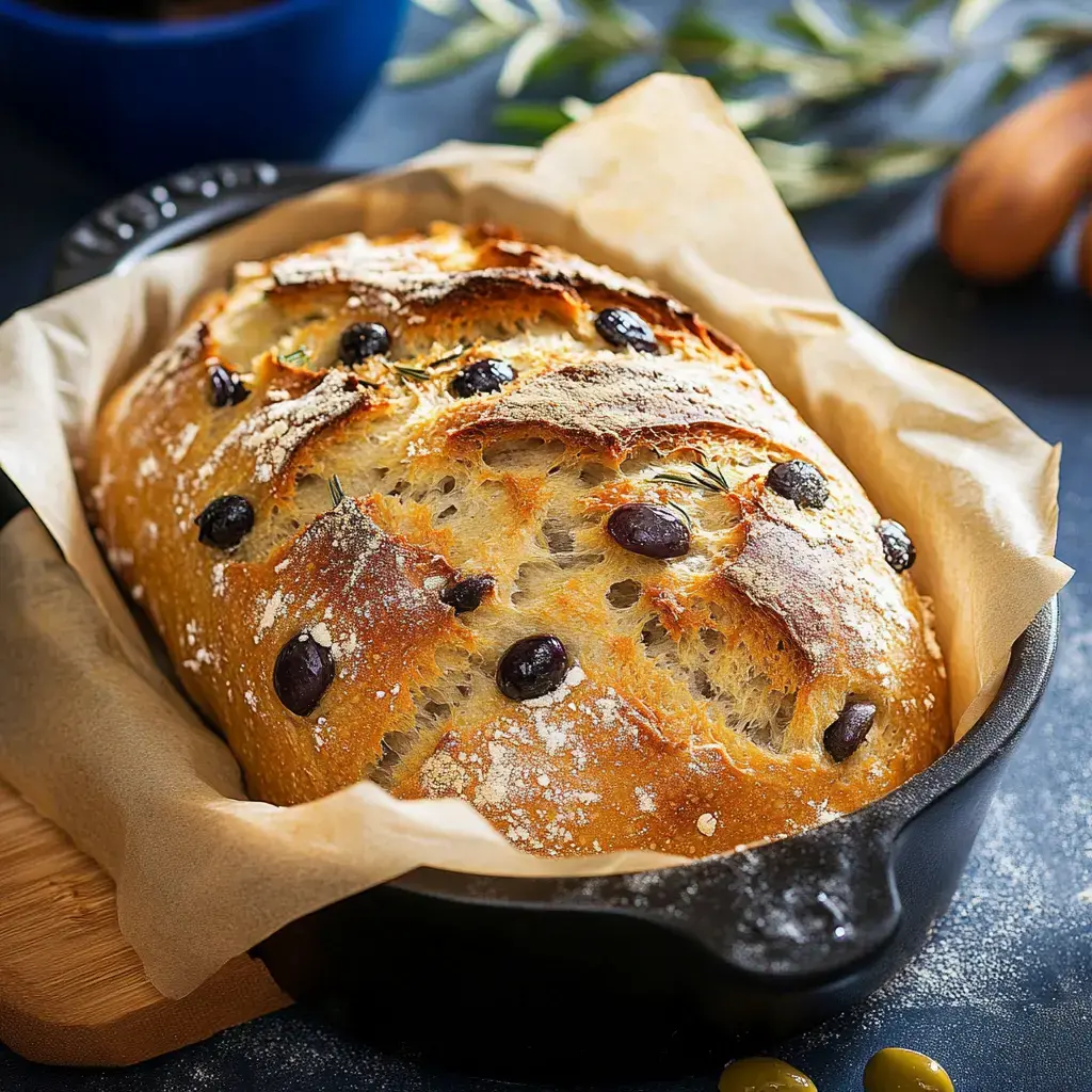 Pain frais aux olives, légèrement doré, sorti du four et présenté dans une cocotte avec un fond de papier sulfurisé.