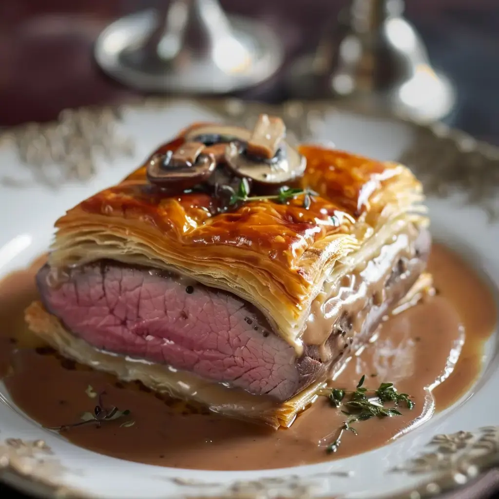 Un filet de bœuf en croûte servi avec une sauce brune et des champignons sur un plat élégant.