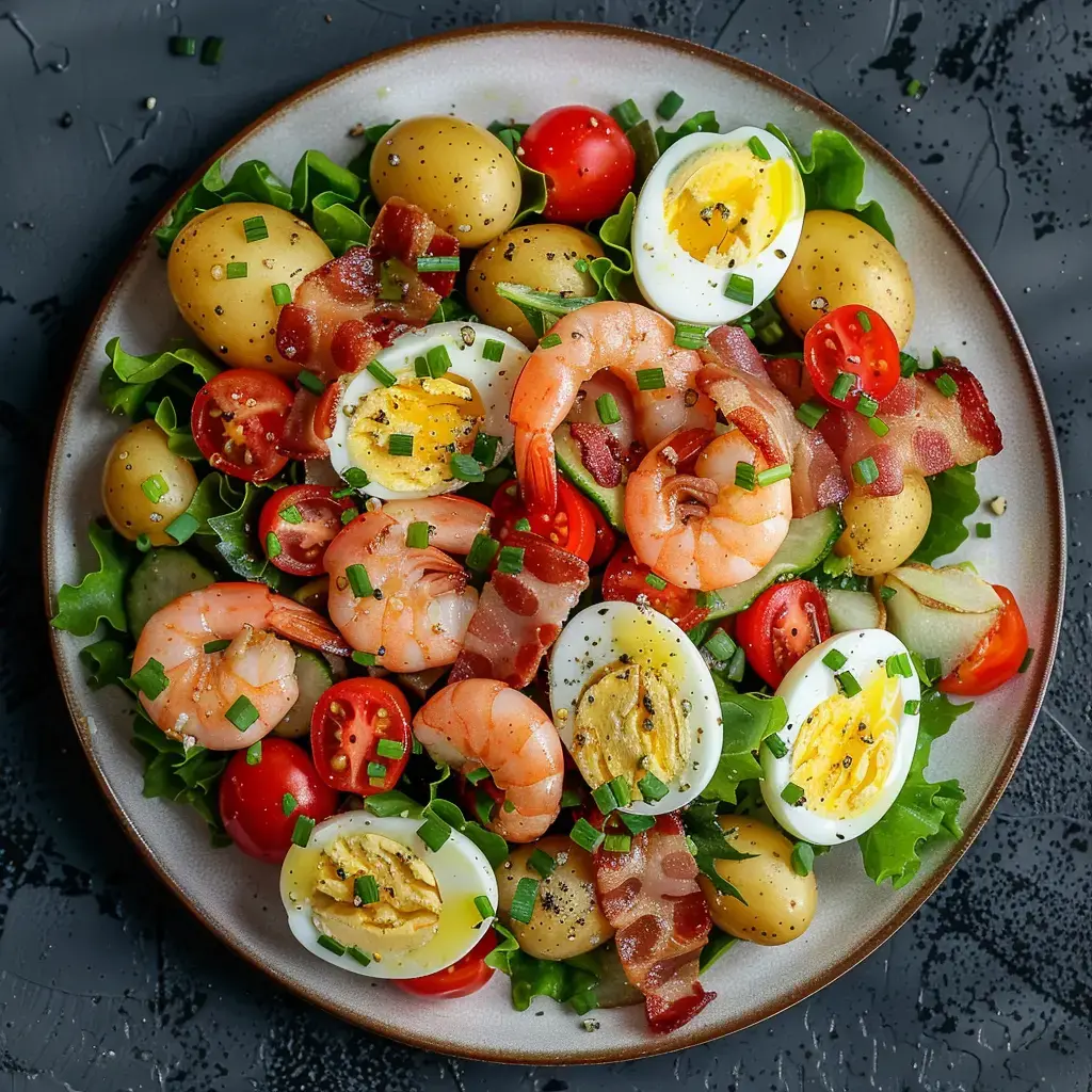 Une salade colorée composée de crevettes, d'œufs durs, de tomates cerises, de pommes de terre, de lardons et de feuilles de salade verte.