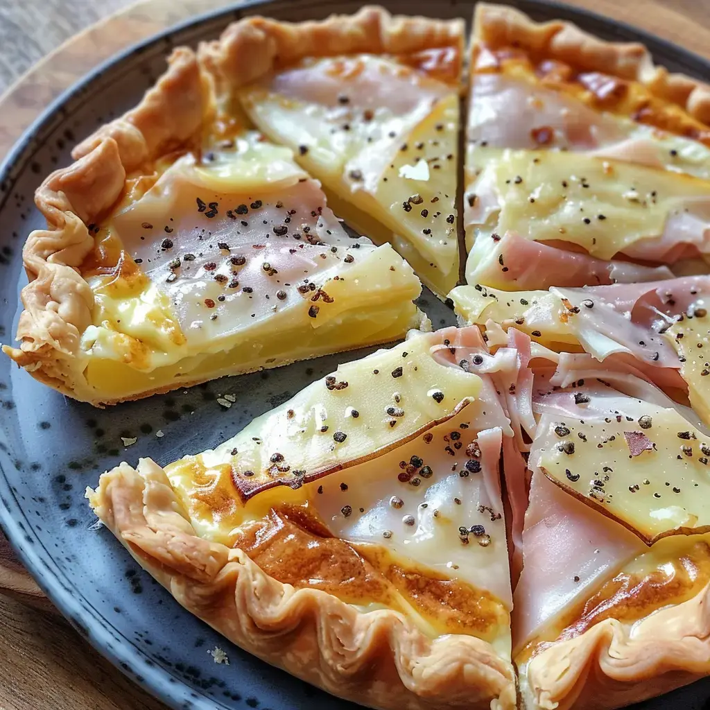 Une tarte salée coupée en parts, garnie de fromage, de jambon et de poivre, sur une assiette noire.