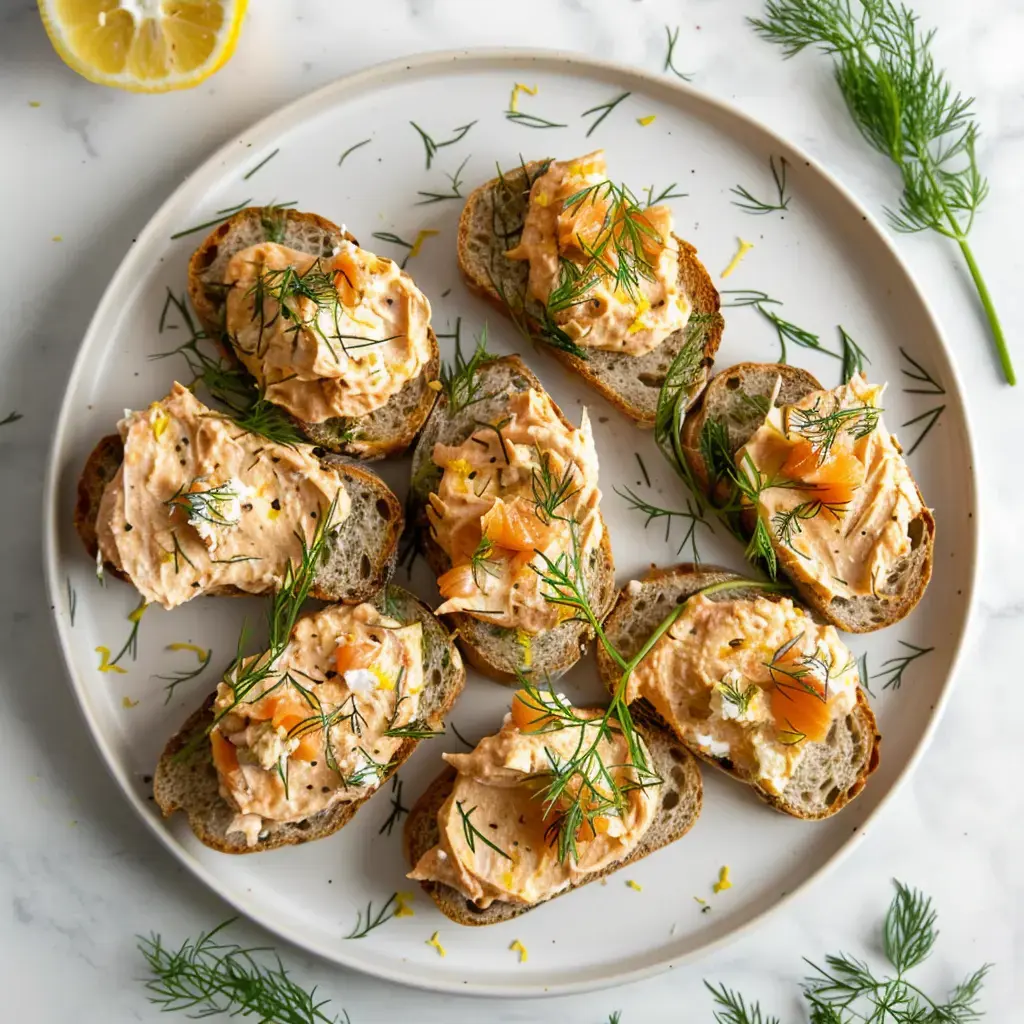 Des tartines de pain complet garnies de cream cheese, saumon fumé et aneth, présentées sur une assiette.