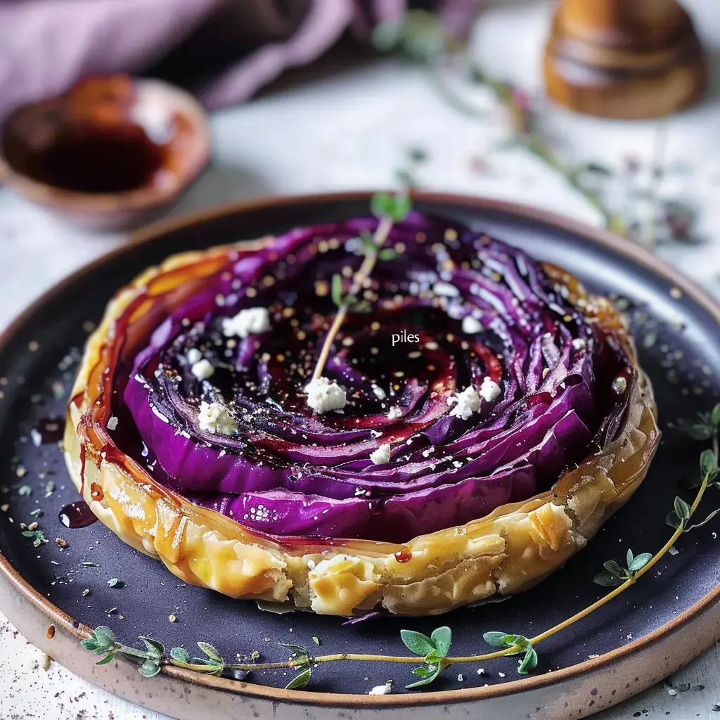 Une tarte aux choux rouges présentée sur une assiette, garnie de fromage et de touches de sauce.