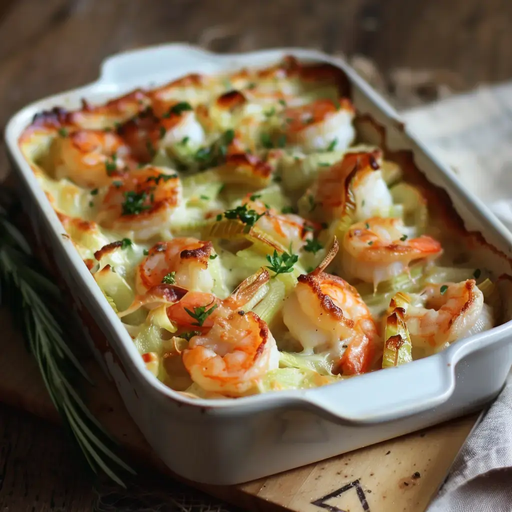 Plat de pâtes gratinées aux crevettes, garni de persil frais.