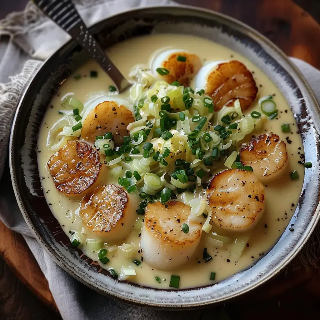 Un bol de soupe crémeuse contenant des coquilles Saint-Jacques dorées et parsemé d'oignons verts hachés.