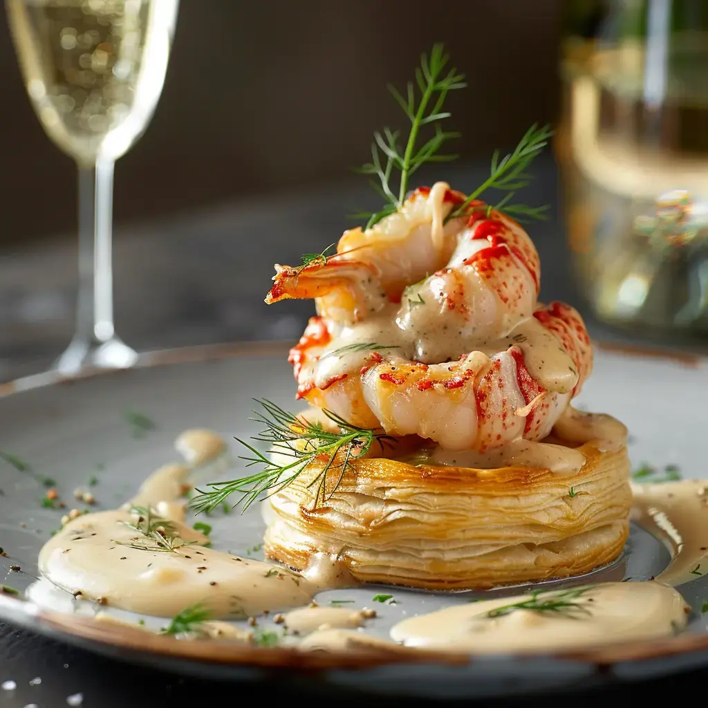 Un plat gastronomique composé de homard sur une pâte feuilletée, nappé de sauce crémeuse et décoré de brins d'aneth.