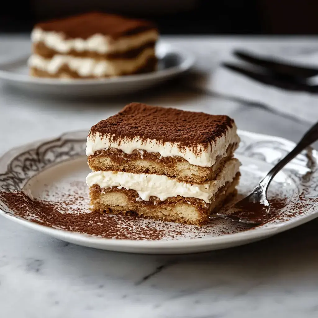 Un morceau de tiramisu posé sur une assiette, avec du cacao en poudre saupoudré dessus et un autre morceau en arrière-plan.