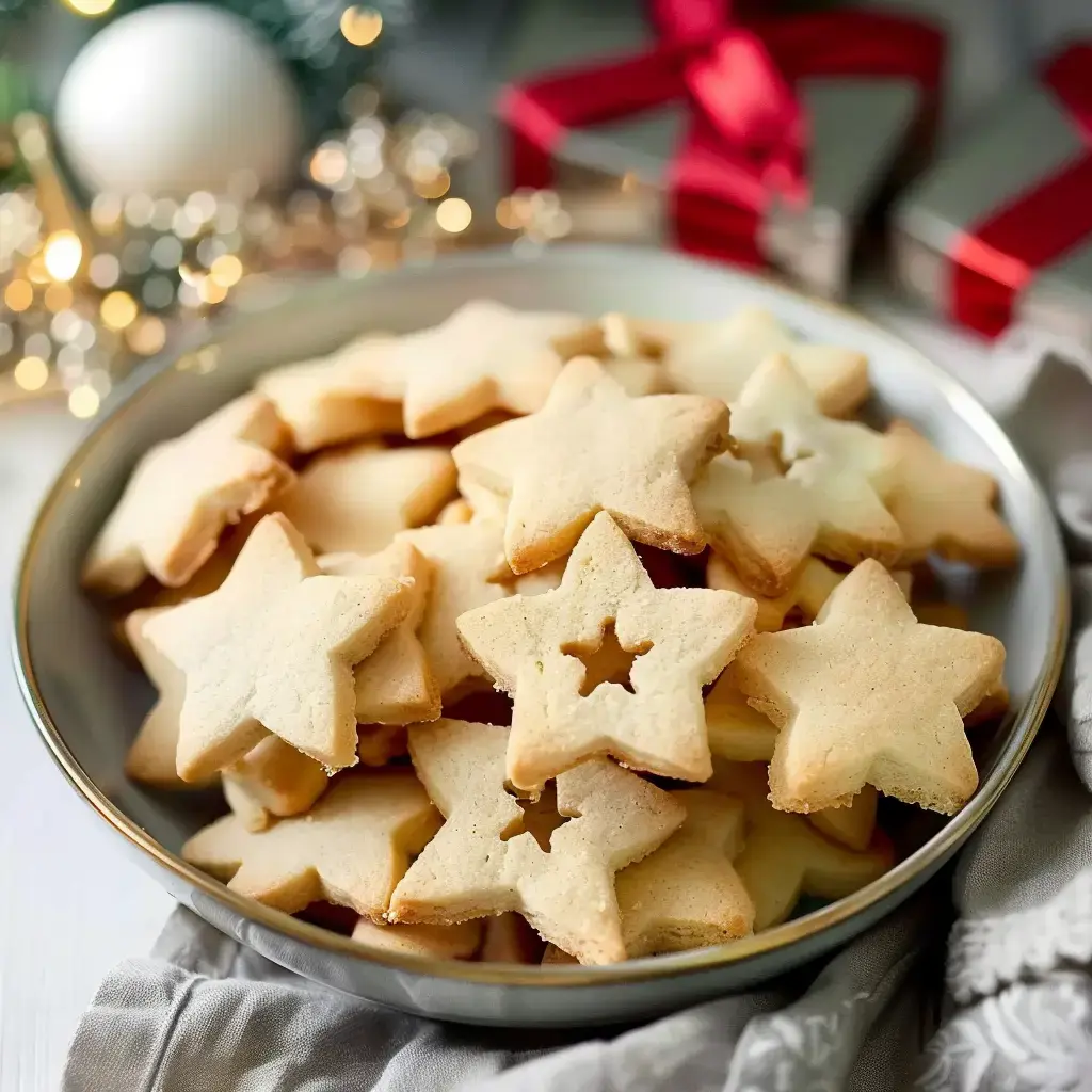 Une assiette de biscuits en forme d'étoile, décorée pour les fêtes, est présentée avec des décorations de Noël en arrière-plan.