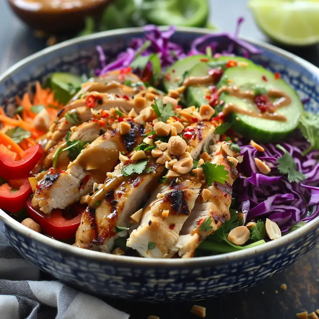 Une salade colorée avec des morceaux de poulet grillé, des légumes variés, de la sauce au sésame et des cacahuètes grillées dans un bol.