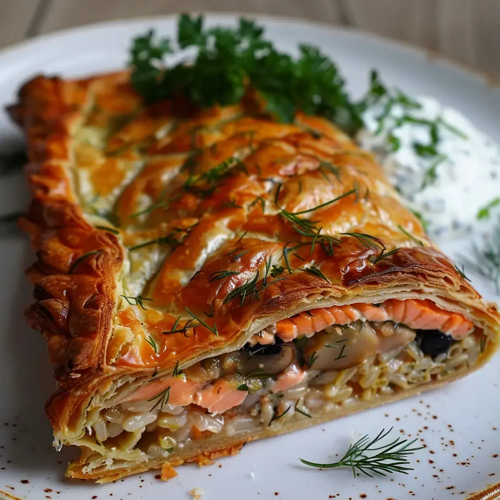 Pâté feuilleté garni de saumon, champignons et herbes, servi avec de la sauce.