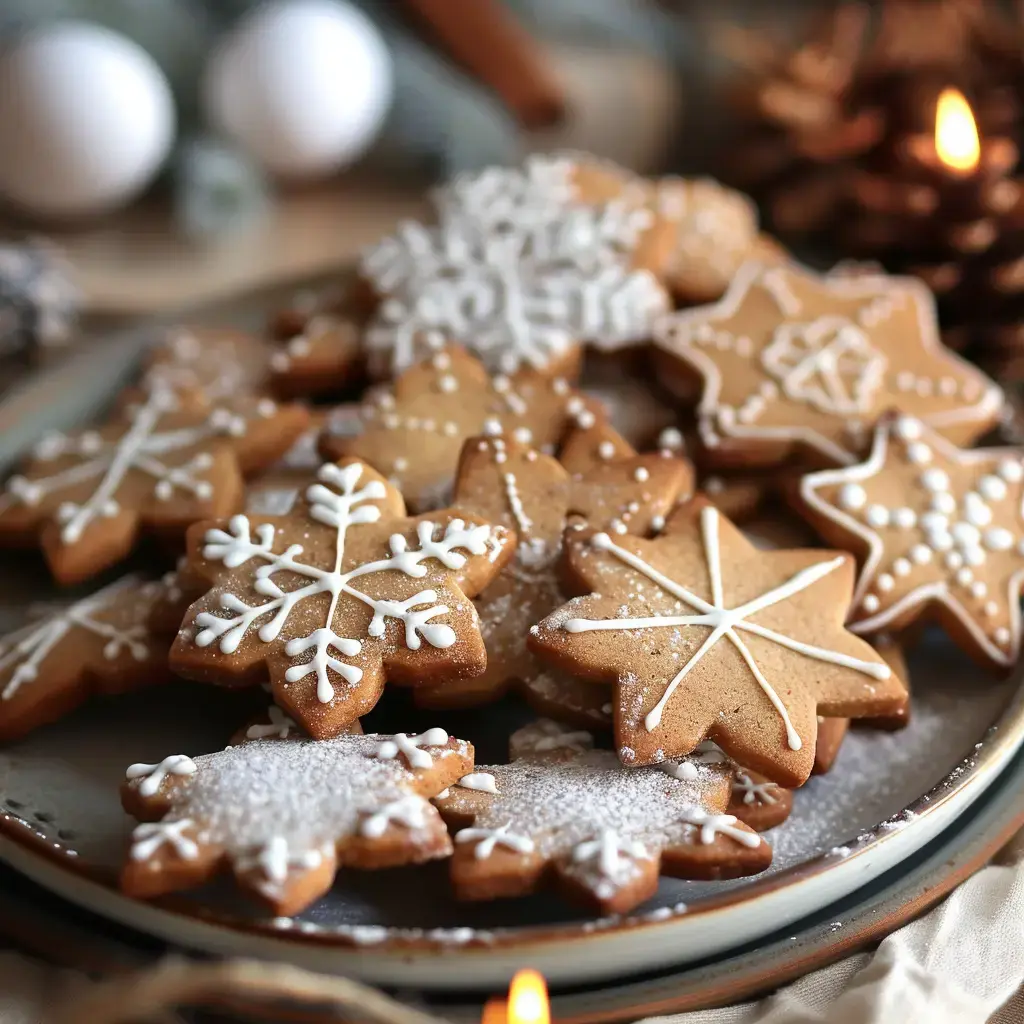 Assiette de biscuits en forme de flocons de neige décorés de glaçage blanc et de sucre.