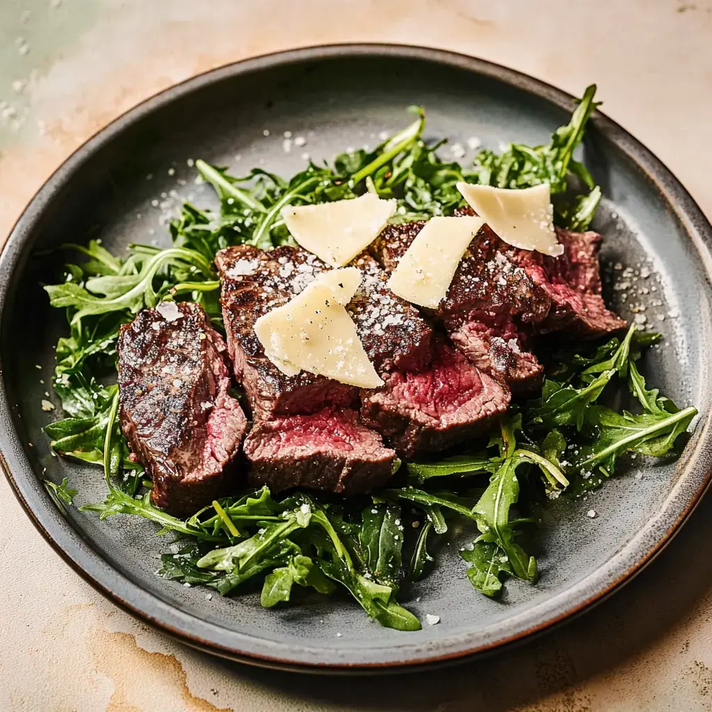 Un plat de viande de bœuf grillée sur un lit de roquette, garni de copeaux de parmesan et de sel.