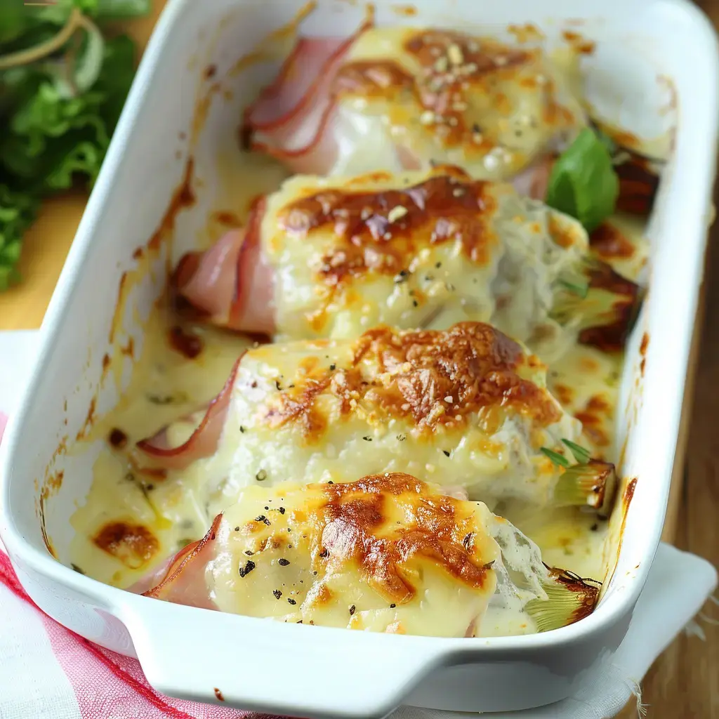 Gratin de légumes roulés garnis de jambon et de fromage fondant.