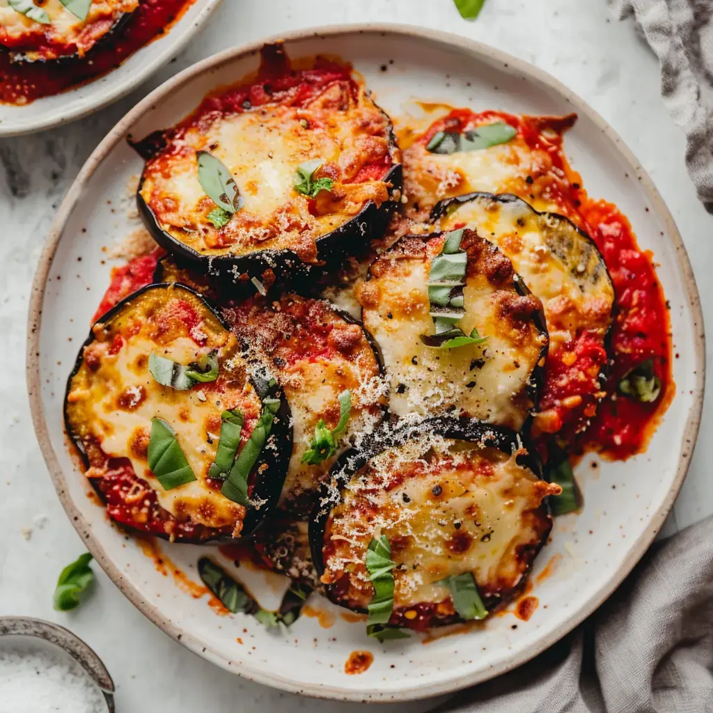 Un plat de tranches d'aubergine gratinées à la sauce tomate, garnies de fromage et de basilic frais.