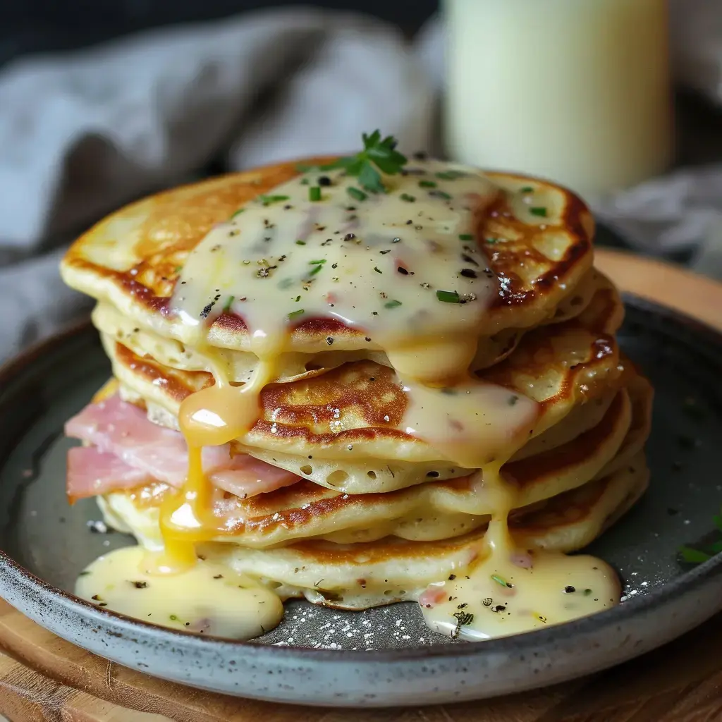 Une pile de pancakes garnis de jambon, couverts d'une sauce crémeuse, sur une assiette grise.